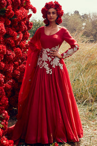 Red Organza Embroidered Anarkali