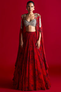 Red-Black Blossom Cape And Skirt Set