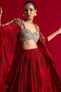 Red-Black Blossom Cape And Skirt Set