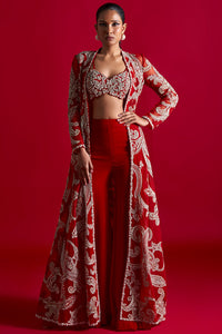 Red Embroidered Kalidaar Jacket And Sharara Set