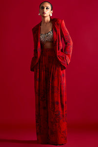 Red-Black Blossom Print Jacket And Pants Set