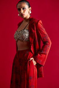 Red-Black Blossom Print Jacket And Pants Set