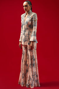 Champagne-Blue Blossom Print Jacket and Gharara Set