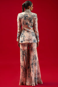 Champagne-Blue Blossom Print Jacket and Gharara Set