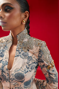 Champagne-Blue Blossom Print Jacket and Gharara Set