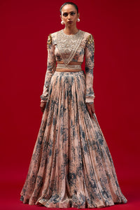 Champagne-Blue Blossom Print Lehenga Set