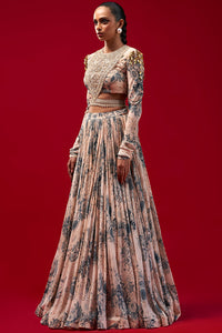Champagne-Blue Blossom Print Lehenga Set