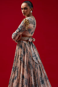 Champagne-Blue Blossom Print Lehenga Set