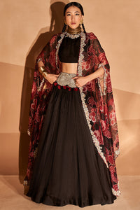 Black Embroidered Belted Lehenga and Gulbahar Cape Set
