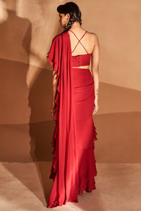 Red Layered Ruffle Saree Set