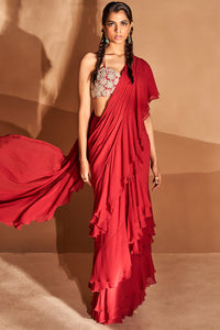 Red Layered Ruffle Saree Set