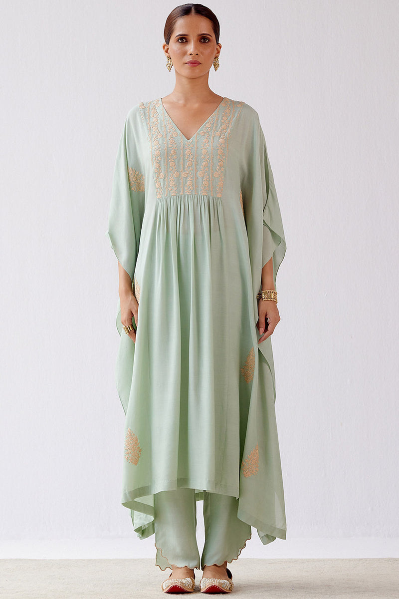 Devnaagri | Sage Green Embroidered Kaftan Set