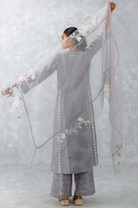 Grey Embroidered Chanderi Kurta Set