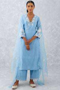 Blue Embroidered Woven Chanderi Kurta Set