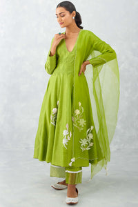 Green Embroidered Chanderi Anarkali Set