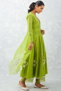 Green Embroidered Chanderi Anarkali Set