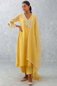 Mango Yellow Embroidered Chanderi Kurta Set