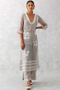 Grey Slit Silk Organza Kurta Set