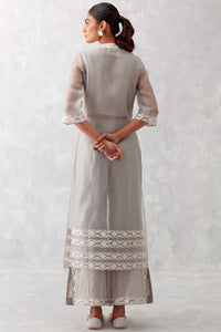 Grey Slit Silk Organza Kurta Set