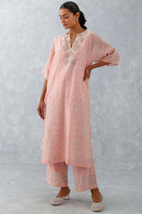 Pink Embroidered Ikat Print Chanderi Kurta Set