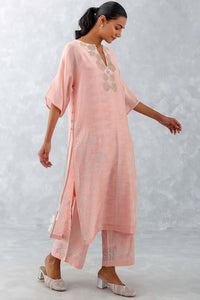 Pink Embroidered Ikat Print Chanderi Kurta Set