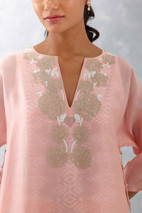 Pink Embroidered Ikat Print Chanderi Kurta Set