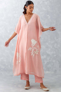 Pink Embroidered Silk Chanderi Kaftan Set