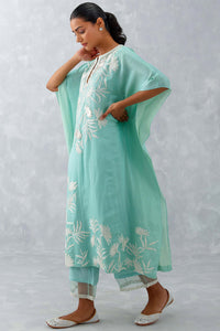 Aqua Blue Embroidered Cotton Silk Satin Kaftan Set