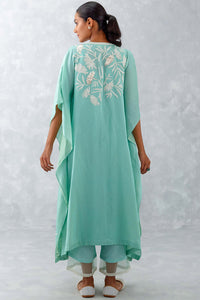 Aqua Blue Embroidered Cotton Silk Satin Kaftan Set