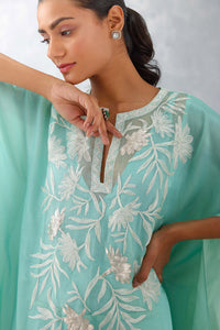 Aqua Blue Embroidered Cotton Silk Satin Kaftan Set