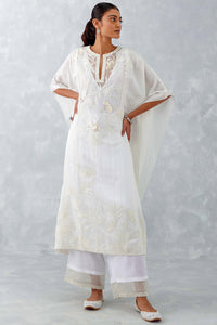 Ivory Embroidered Cotton Silk Satin Kaftan Set