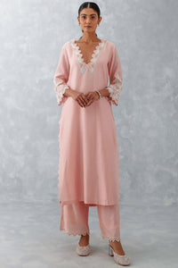 Blush Pink Embroidered Woven Chanderi Kurta Set