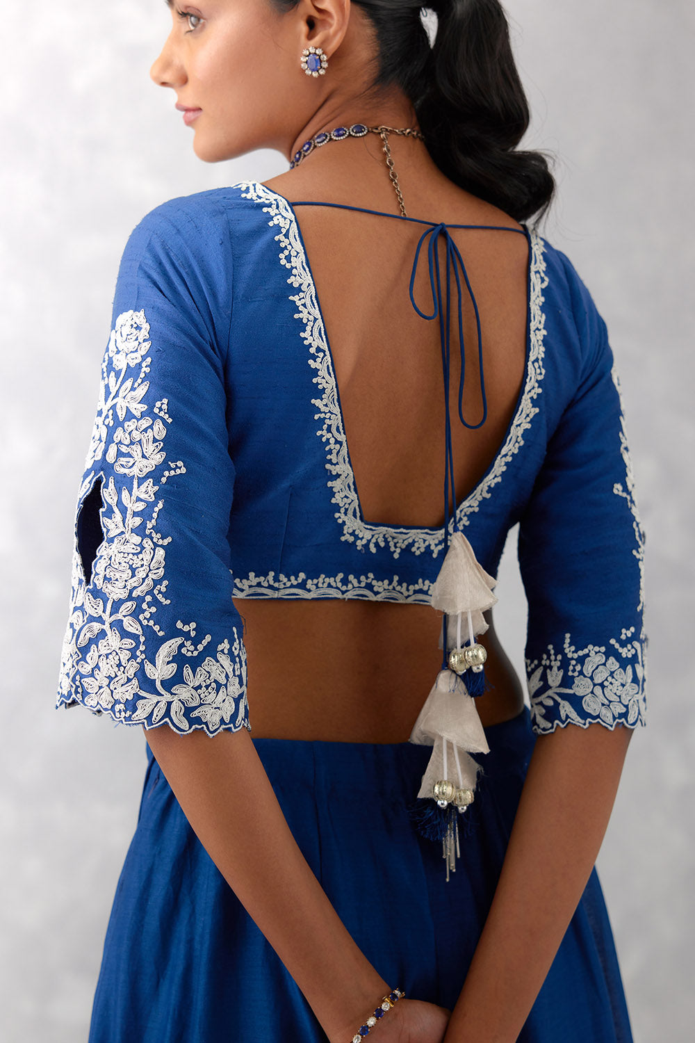 Shlok Design - Blue Net Embroidered Floral V Neck Cape Sleeve Blouse And  Lehenga Set For Women