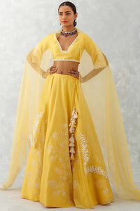 Mango Yellow Floral Embroidered Silk Lehenga Set