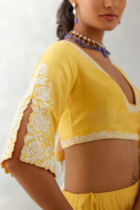 Mango Yellow Floral Embroidered Silk Lehenga Set