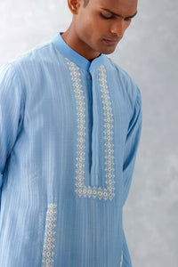 Blue Embroidered Woven Chanderi Kurta Set