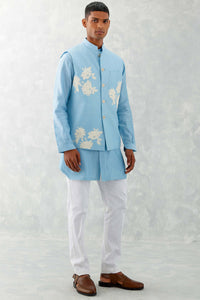 Sky Blue Kurta With Embroidered Bundi Set