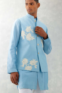 Sky Blue Kurta With Embroidered Bundi Set