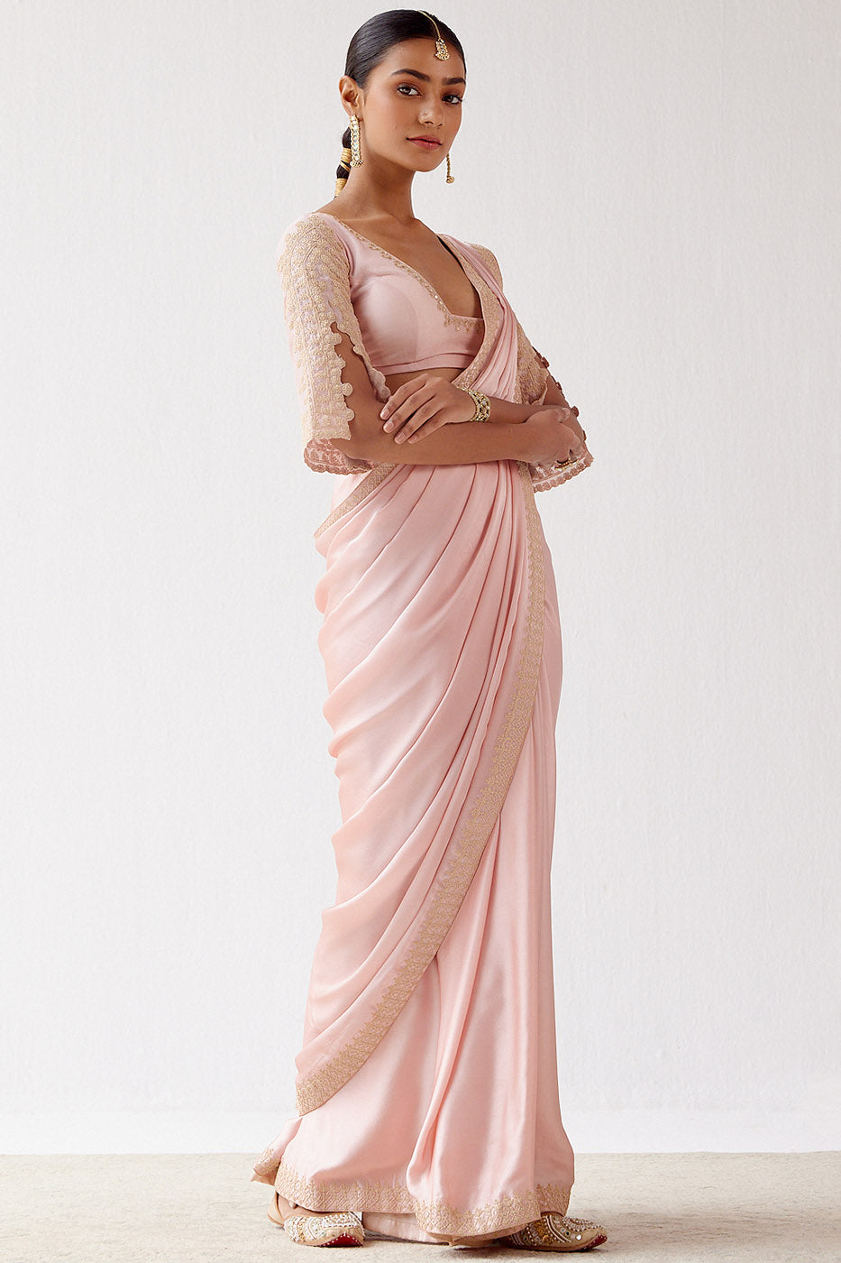 Shop Blush Pink Pre-Draped Saree Set for Women Online from India's