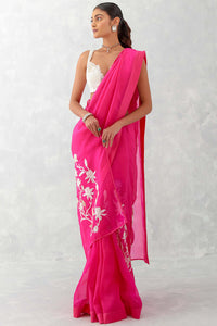 Fuchsia Pink Embroidered Silk Organza Saree