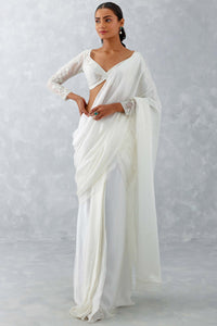 Ivory Satin Pre Draped Saree