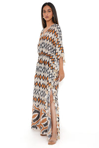 Mustard Ikat Print Silkmul Kaftan