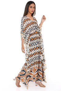 Mustard Ikat Print Silkmul Kaftan