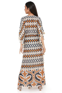 Mustard Ikat Print Silkmul Kaftan
