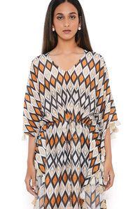 Mustard Ikat Print Silkmul Kaftan