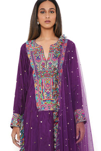 Purple Mukaish Silk Embroidered Kurta And Palazzo Set