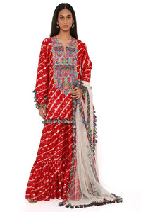 Red Silk Bandhani Leheriya Kurta And Sharara Set