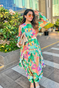 Peach Kuno Print High-Low Top With Low Crotch Pant