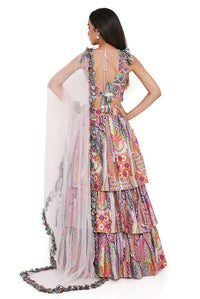 Blush Georgette Embroidered Choli With African Print Dupion Silk Ruffled Skirt