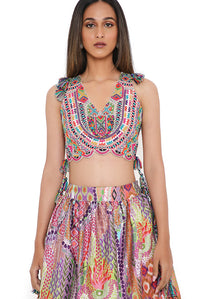 Blush Georgette Embroidered Choli With African Print Dupion Silk Ruffled Skirt